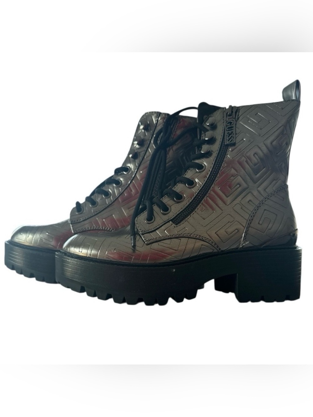 GUESS Fearne 5.5M Combat Boot Silver Metallic Logo Lug Sole Platform